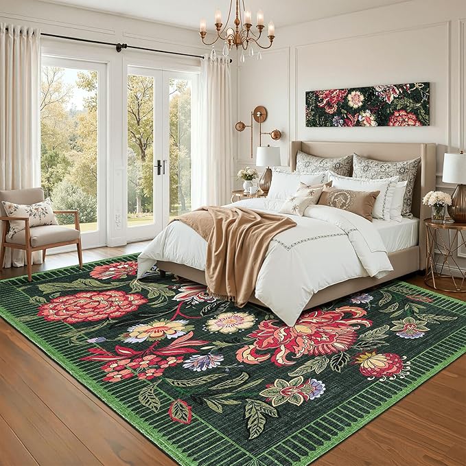 GarveeHome Forest Green Floral Botanical Washable 8x10 Rug for Living Room Soft Vintage Boho Cottage Large Rugs Low-Pile Carpet for Bedroom Dining Nursery Rug