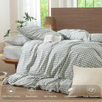 MooMee Gingham Duvet Cover Set 100% Washed Cotton Linen Like Textured Breathable Durable Soft Comfy Modern Checkered Design (Sage Green Gingham, Cal King 104"x98")