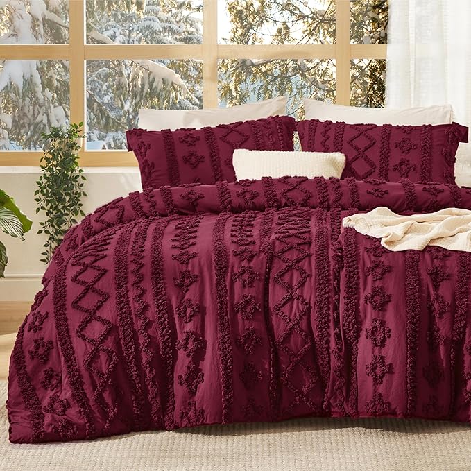 Bedsure Tufted Boho Comforter Set Twin Size - Burgundy Boho Bed Set, GentleSoft™ 2 Pieces Farmhouse Shabby Chic Embroidery Bedding, Gifts for Woman, Soft Jacquard Twin Comforter for All Seasons