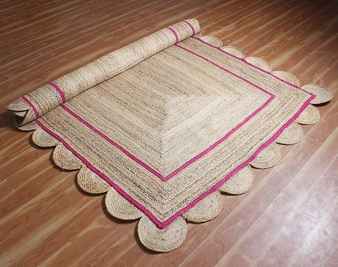 Scalloped Jute Rug, Hand Woven Runner Area Rug, 4x10 Ft Beige & Pink Braided Natural Sisal Kilim Rugs for Living Room, Kitchen, Entryway, Farmhouse