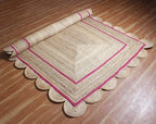 Scalloped Jute Rug, Hand Woven Runner Area Rug, 2.6x4 Ft Beige & Pink Braided Natural Sisal Kilim Rugs for Living Room, Kitchen, Entryway, Farmhouse