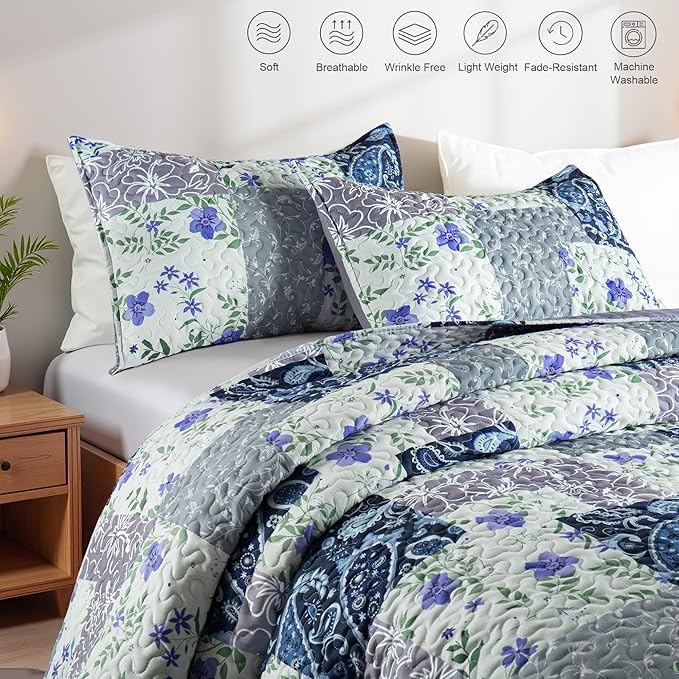 Whale Flotilla Patchwork Quilts Queen Size, Soft Boho Floral Bedspreads for Bed Reversible Lightweight Full Queen Quilt Bedding Set Coverlets with 2 Pillow Shams for All Seasons, Paisley Flowers