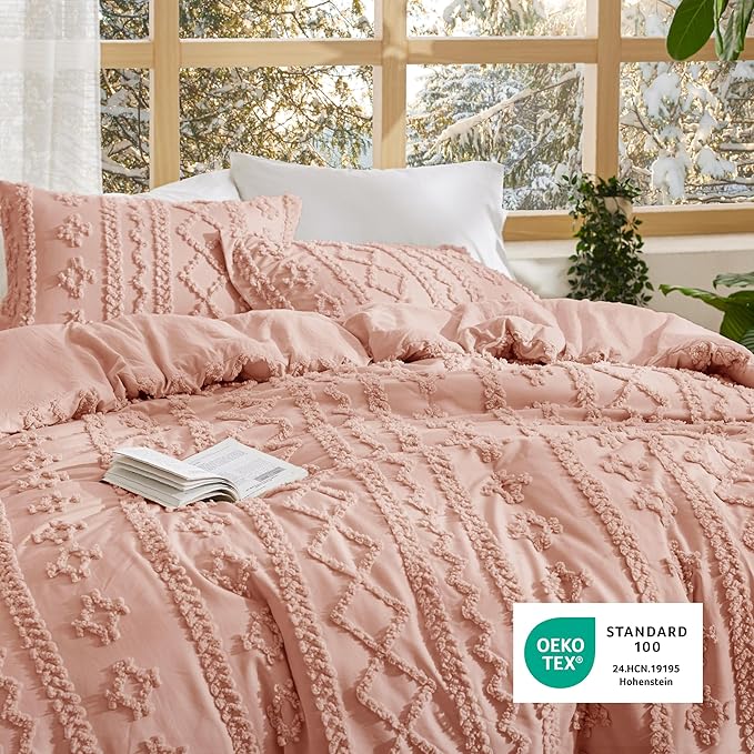 Bedsure Tufted Boho Comforter Set Twin Size - Light Pink Boho Bed Set, GentleSoft™ 2 Pieces Farmhouse Shabby Chic Embroidery Bedding, Gifts for Woman, Soft Jacquard Twin Comforter for All Seasons