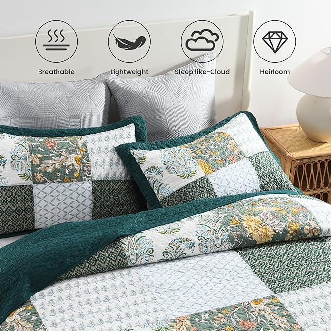 Secgo King Size Comforter Set- 100% Cotton Quilt King Size Set, Green, Emerald, bedspreads (98 * 106 Inch) with 2 Pillow Shams, Patchwork Reversible Lightweight Bedding