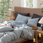 MooMee Wavy Striped Duvet Cover Set 100% Washed Cotton Linen Like Textured Breathable Durable Soft Comfy (Cornflower Blue, Full 80"x90")