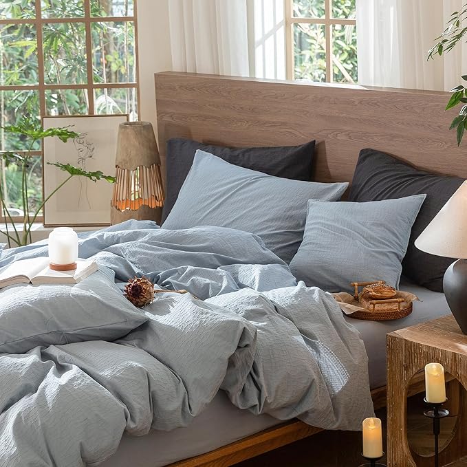 MooMee Wavy Striped Duvet Cover Set 100% Washed Cotton Linen Like Textured Breathable Durable Soft Comfy (Cornflower Blue, Full 80"x90")