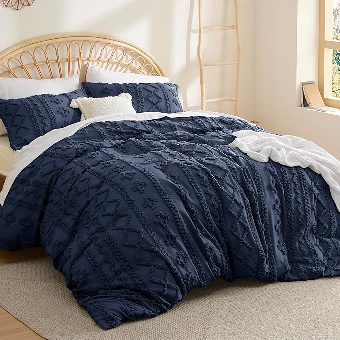 Bedsure Boho Duvet Cover Queen Size, Soft & Comfortable Elegant Design Boho Bedding for Decoration, Machine Washable Comforter Cover for All Seasons,Includes 1 Duvet Cover & 2 Pillow Shams,Navy