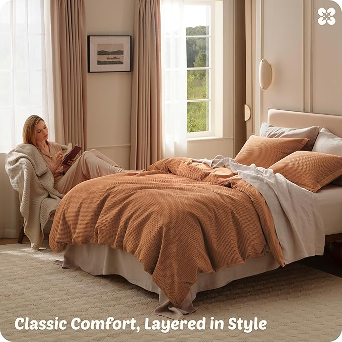 Bedsure Cotton Duvet Cover Queen - 100% Cotton Waffle Weave Hazel Duvet Cover Queen Size, GentleSoft™ and Breathable Bedding Set for All Season, 3 Pieces, 90"x90"