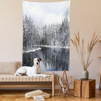 Ambesonne Woodland Tapestry Queen Size, Lake Surrounded by Snow Covered Trees on a Cold Winter Day in Finland Reflections, Wall Hanging Bedspread Bed Cover Wall Decor, 88" X 88", White Brown