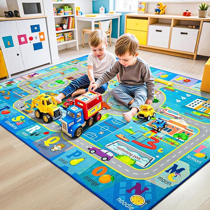 Chicrug 6x9 Car Road Area Rug for Kids Playroom Bedroom, Non Slip Low Pile Washable ABC Alphabet Carpet for Classroom, City Track Play Mat for Toddler Children Nursery Baby Room Decor, Blue