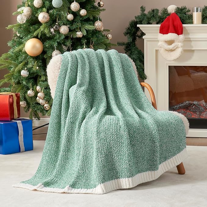 Snuggle Sac Green Blanket Twin Size Bedding Blankets, Super Soft Warm Cozy Knit Blankets for Sofa, Bed, Living Room, Heather Green, 60x80 inches,