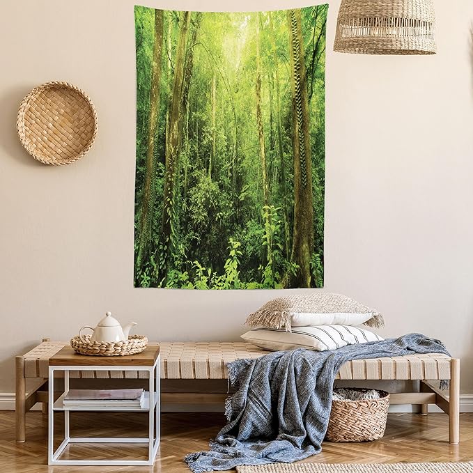 Ambesonne Rainforest Tapestry Twin Size, Tropical Rainforest Landscape Malaysia Asia Green Tree Trunks Uncultivated Wood Print, Wall Hanging Bedspread Bed Cover Wall Decor, 68" X 88", Green Yellow