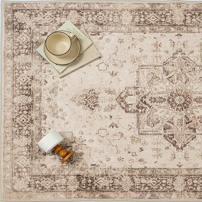 Brown 6x9 Area Rug Washable Vintage Living Room Carpet Non Slip Retro Distressed Low Pile Soft Oriental Medallion Thin Large Throw Rug for Office Bedroom Dining Room Playroom