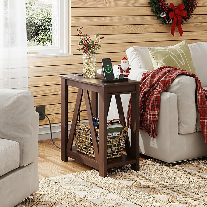 WLIVE Narrow End Table with Charging Station of Open Storage Shelf，Sofa Side Table with 2 USB Ports and 2 Power Outlets，Slim Farmhouse End Table for Small Spaces, 11.8" D x 23.6" W x 23.74" H