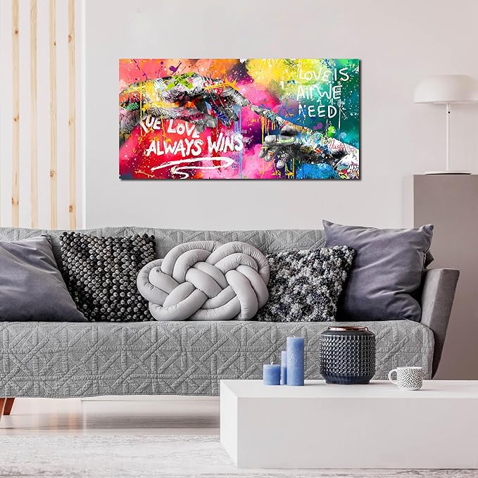 Colorful Canvas Living Room Wall Decor - Hand of God Graffiti Wall Art - Banksy Prints Posters Decor Size 20" x 40"