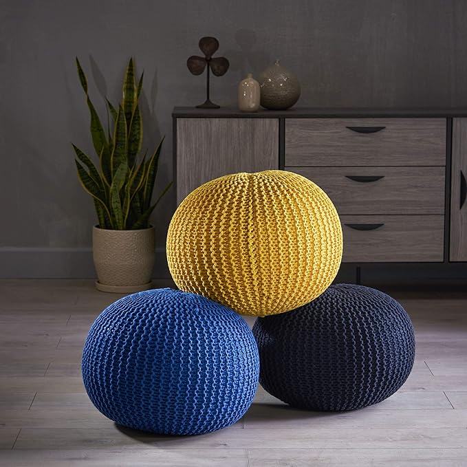 Christopher Knight Home Belle Knitted Cotton Pouf, Yellow