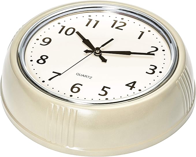 Bernhard Products Retro Wall Clock 9.5 Inch Cream Kitchen 50's Vintage Design Round Silent Non Ticking Quality Quartz Clock for Home/Office/Classroom