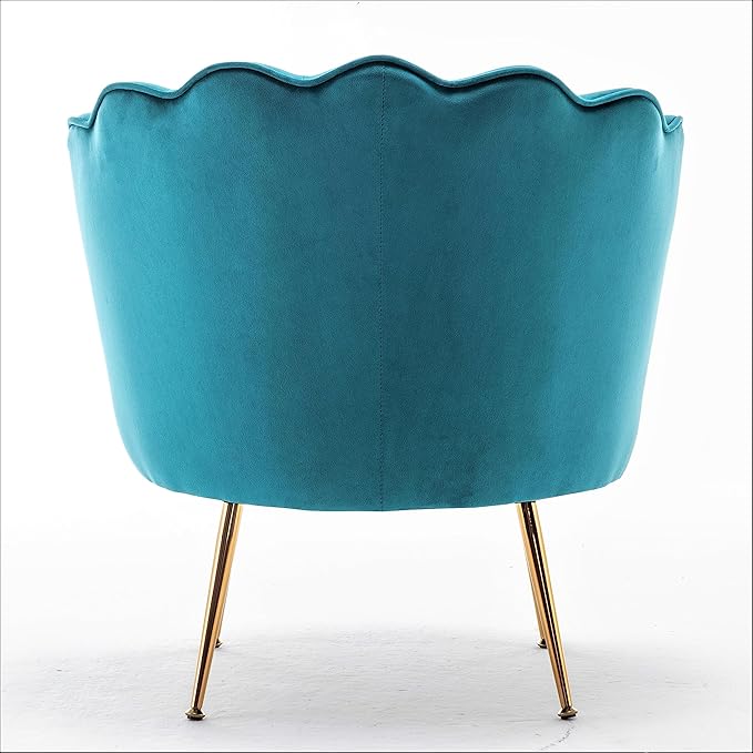 Velvet Barrel Accent Chair with Scalloped Silhouette and Gold Metal Legs, Decorative Piece Suitable for Traditional, Modern, and Contemporary Spaces, Greenish Blue