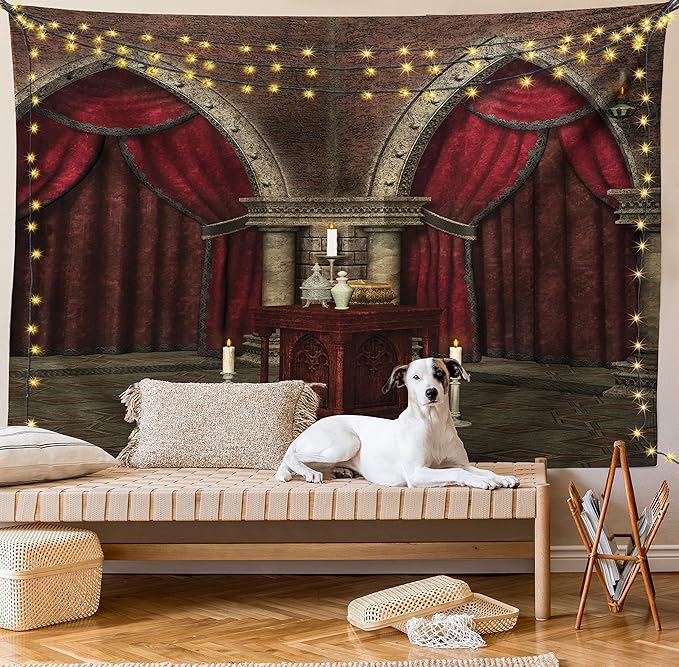 Ambesonne Gothic Tapestry, Mysterious Dark Room in Castle Pillars Candles Atmosphere Pattern, Fabric Wall Hanging Decor for Bedroom Living Room Dorm, 28" X 23", Red Black