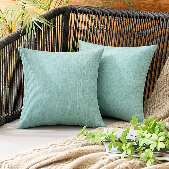 MIULEE Pack of 2 Decorative Outdoor Solid Waterproof Throw Pillow Covers Spring Faux Linen Garden Farmhouse Cushion Cases for Summer Patio Tent Balcony Couch Sofa 12x12 Inch Teal