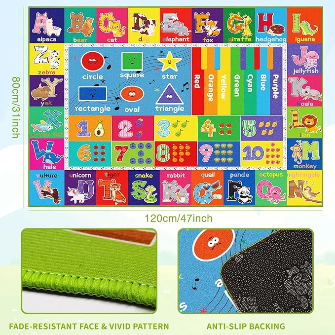 ABC Carpet, Kids Rugs for Playroom, Educational Play Mat for Kids, Preschool Rugs with ABC, Numbers, Animals Learning Mat for Bedroom Playroom Classroom Baby Toddler Children (Blue, 47.2X31.5 INCH)