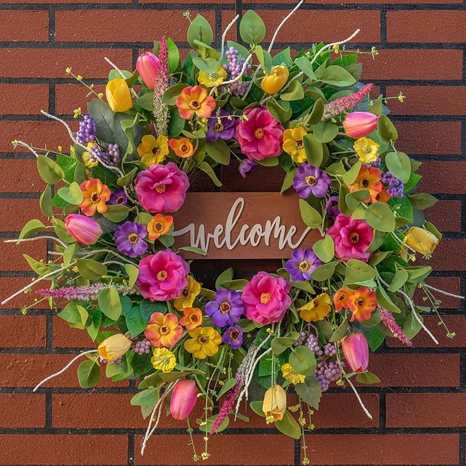 Spring Wreaths for Front Door Outside – 24 Inch Artificial Tulip & Wildflower Summer Wreath with Green Eucalyptus Leaves and Welcome Sign- Indoor Outdoor Farmhouse Home Porch Wall Decor