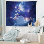 Ambesonne Space Tapestry King Size, Magic Sky View with Star and Clouds Celestial Colorful World Cosmic Expanse Theme, Wall Hanging Bedspread Bed Cover Wall Decor, 104" X 88", White and Blue