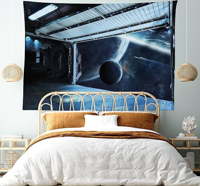 Ambesonne Outer Space Tapestry, Moon Before Station Planet Apocalypse Landing Alternative Humanoid Robots Print, Wide Wall Hanging for Bedroom Living Room Dorm, 60" X 40", Night Blue