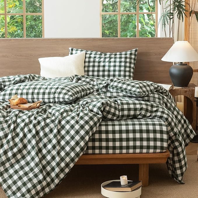 MooMee Gingham Duvet Cover Set 100% Washed Cotton Linen Like Textured Breathable Durable Soft Comfy Modern Checkered Design (Buffalo Plaid Forest Green, Oversized Full 82"x86")