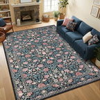 GarveeHome Indigo Blue and Pink Vintage Floral Washable 5x7 Area Rugs for Living Room Boho Retro Rug Low Pile Stain Resistance Non Slip Carpet for Bedroom Nursery Dining Room