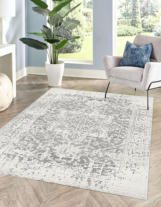 MICRODRY - Area Rug, Low-Profile Design for a Sleek, Bulk-Free Look. Machine Washable, Stain-Resistant, Skid-Resistant Backing, Ideal for Bedroom, Living Room, Kitchen, or Entryway, 8x10', Tara (Grey)