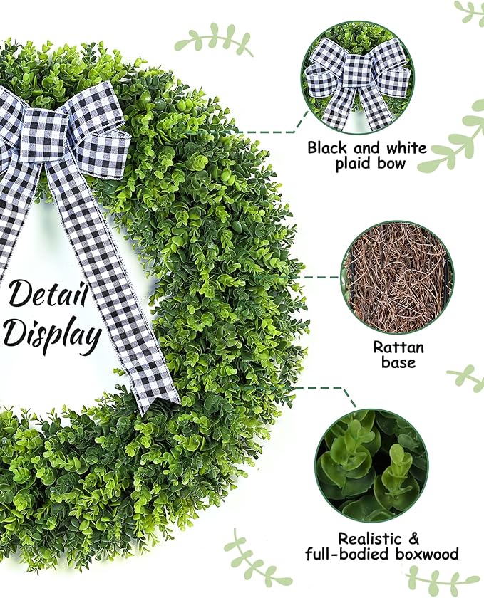 Vlorart 32" Faux Round Boxwood Wreath, Artificial Large Boxwood Wreath Front Door Wreaths Artificial Spring Summer Greenery Hanging with A Plaid Bow for Villa Wall Hanging Window Wedding Party Decor