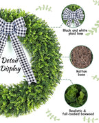 Vlorart 32" Faux Round Boxwood Wreath, Artificial Large Boxwood Wreath Front Door Wreaths Artificial Spring Summer Greenery Hanging with A Plaid Bow for Villa Wall Hanging Window Wedding Party Decor