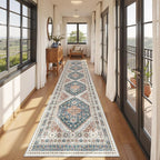 Carpet Runners for Hallway 12ft, Non-Slip Long Bathroom Rugs Runner for Kitchen, Living Room, Soft Vintage Washable Rug for Entryway, Thin Floor Mat for Dining Room(Blue/Red,2.5'x12')
