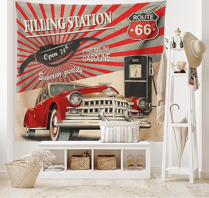 Ambesonne Cars Tapestry, Poster Style Image Gasoline Station Commercial Element Route 66 IllustrationPrint, Fabric Wall Hanging Decor for Bedroom Living Room Dorm, 45" X 30", Vermilion Beige