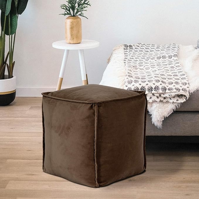 Howard Elliott Square Pouf Ottoman Foot Rest With Cover, Round Stuffed Filled Foot Stool, Fluffy Compact & Comfortable Soft Seating for Living Room & Bedroom, 20 x 20 x 18 Inch, Brown