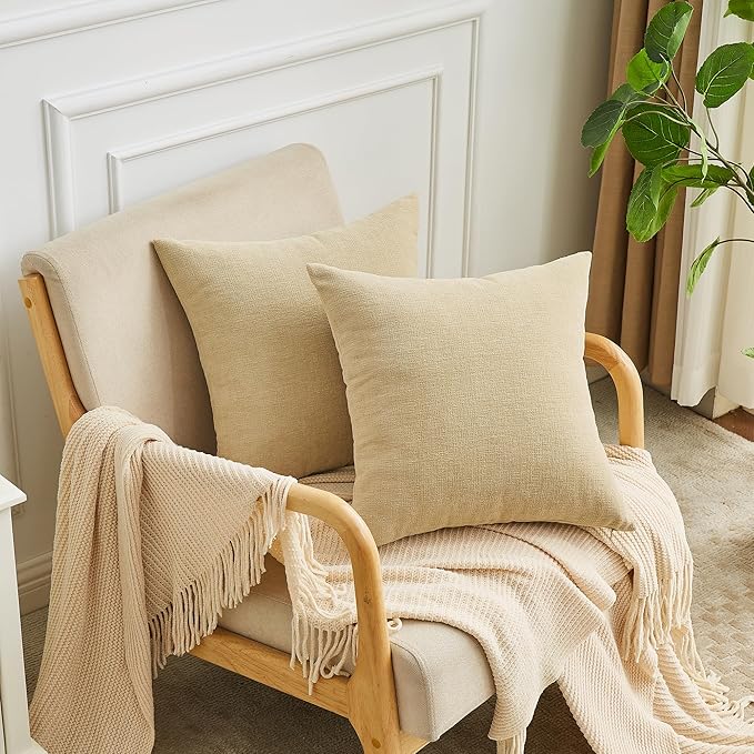 GAWAMAY Decorative Chenille Throw Pillow Covers 24x24 Inch Pack of 2, Soft Square Couch Pillow Cover for Sofa Cushion Living Room Bedroom Solid Dyed Pillowcases Khaki 60x60cm (ONLY Covers)