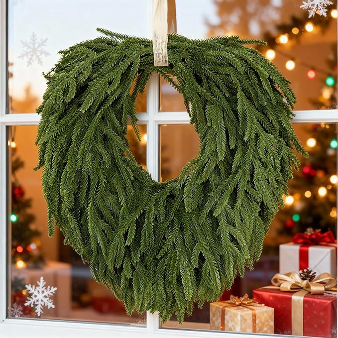 24" Norfolk Pine Wreath, Artificial Christmas Wreaths, Real Touch Green Winter Garland for Front Door Wall Window Indoor Outdoor Christmas Home Holiday Decor, FF13