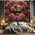 Ambesonne Hippie Tapestry King Size, Mystic Rose Flowers and Oriental Mandala Skeleton Lovers Goth Art Skulls, Wall Hanging Bedspread Bed Cover Wall Decor, 104" X 88", Vermilion Dark Magenta