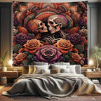 Ambesonne Hippie Tapestry King Size, Mystic Rose Flowers and Oriental Mandala Skeleton Lovers Goth Art Skulls, Wall Hanging Bedspread Bed Cover Wall Decor, 104" X 88", Vermilion Dark Magenta