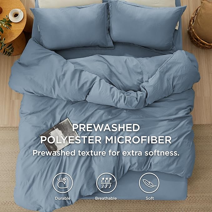 Bedsure Duvet Cover Queen Size with Fitted Sheet - 4 Pieces Prewashed Cotton-Like Polyester Extra Soft Bedding Set, Includes 1 Duvet Cover 90x90 Inches, 2 Pillow Shams, 1 Fitted Sheet, Mineral Blue