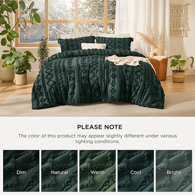Bedsure Tufted Boho Comforter Set King Size - Dark Green Boho Bed Set, GentleSoft™ 3 Pieces Farmhouse Shabby Chic Embroidery Bedding, Gifts for Woman, Soft Jacquard King Comforter for All Seasons