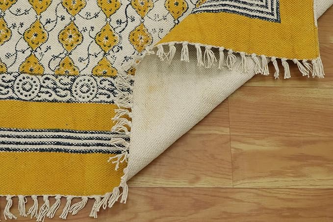 Area Rug 9' Square Rug Yellow & Beige Cotton Dhurrie Oriental Thick 0.19 inches Stone Easy Washable Rug Hand Wash Cotton Carpet Flatweave Rug Indoor Outdoor Rugs for Hall Room, Dining Room
