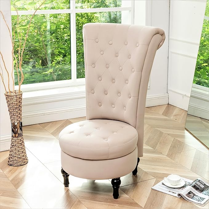Royal High-Back Velvet Accent Chair for Vanity with Storage and Luxurious Upholstery, Retro Design and Versatile Usage for Living Room, Bedroom, Lounge and Office, Ivory