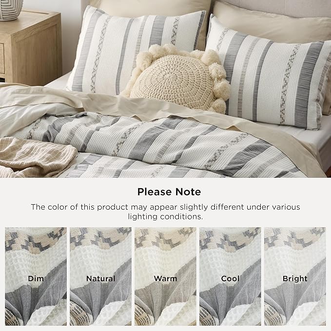 Bedsure Waffle Weave Duvet Cover King - 100% Cotton Boho Duvet Cover with 2 Pillowcases - Cream White Textured Comforter Cover with Zipper Closure (King, 104"x90")