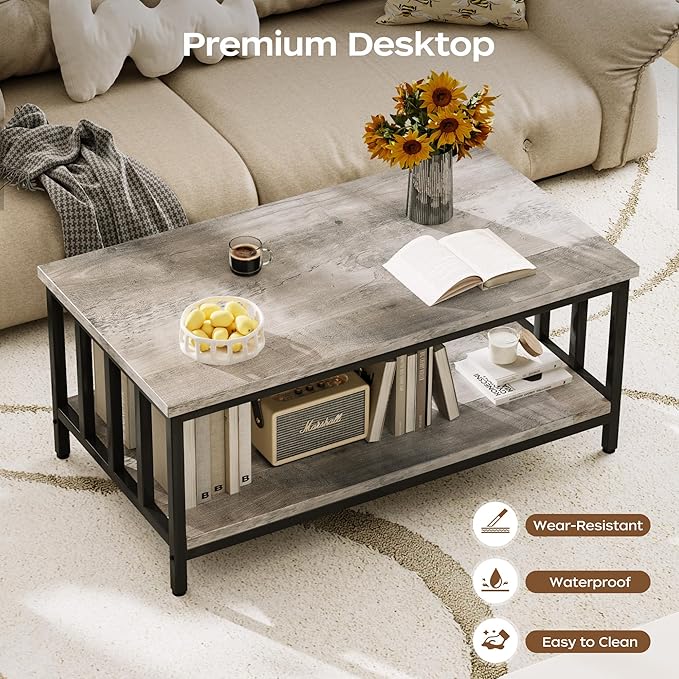 Homeiju Coffee Table for Living Room with Slatted Sides Frame, Modern Farmhouse Living Room Table with 2-Tier Storage Shelf for Home Office, Apartment, 39 inch Grey Wash