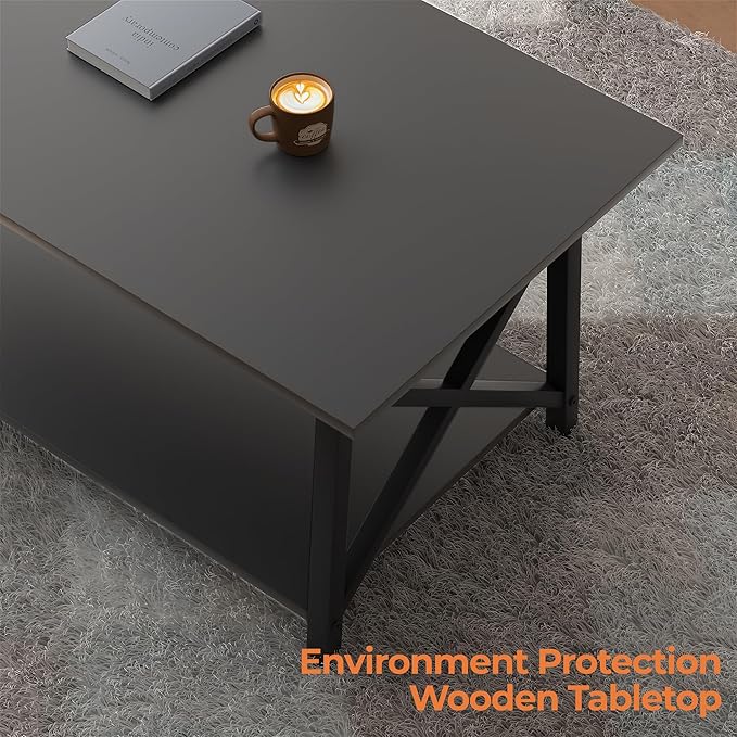GreenForest Black Coffee Table with Storage Shelf 39 inch, 2 Tier Rectangular Center Table for Living Room,Modern Farmhouse Small Table for Home Office,Easy Assembly