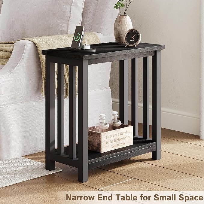 ChooChoo Black End Table for Small Spaces, Narrow Side Table, Night Stand with Storage Shelf for Living Room and Bedroom