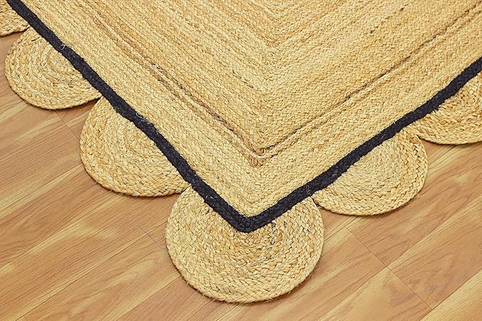 Scalloped Jute Rug, Hand Woven Runner Area Rug, 4x15 Ft Beige & Black Braided Natural Sisal Kilim Rugs for Living Room, Kitchen, Entryway, Farmhouse