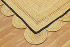 Scalloped Edge Rug, Hand Woven Natural Jute Area Rug, 5x7 Ft Beige & Black Braided Sisal Kilim Rugs for Living Room, Kitchen, Entryway, Farmhouse